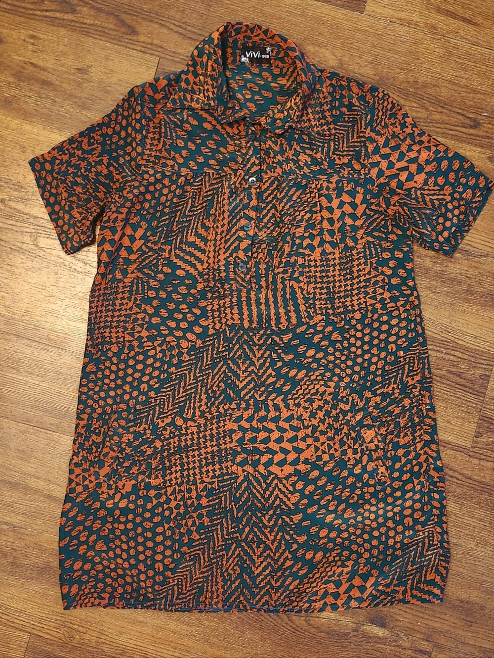 Women’s Orange & Emerald Short-Sleeve Printed Shirt Dress With Pockets
